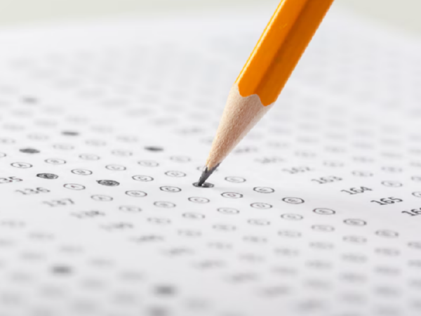 Test kağıdı üzerinde duran turuncu kurşun kalem